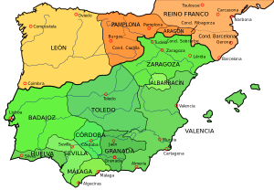 La península Ibérica en 1030 con la división del Califato de Córdoba en taifas y los reinos de León y Pamplona y el Condado de Barcelona.